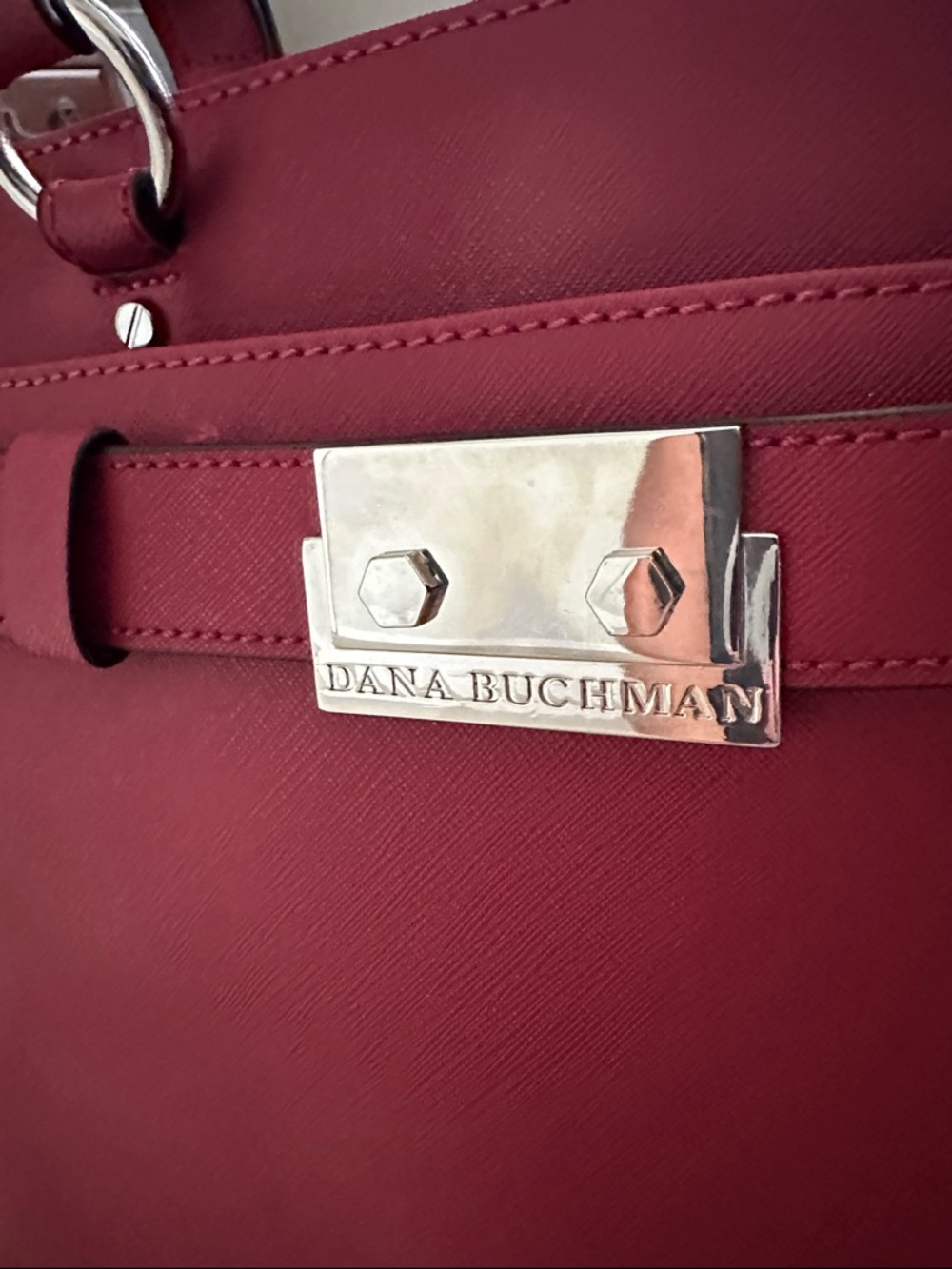 Dana Buchman Dark Red Saffiano Satchel with Metallic Plaque - Picture 2 of 6